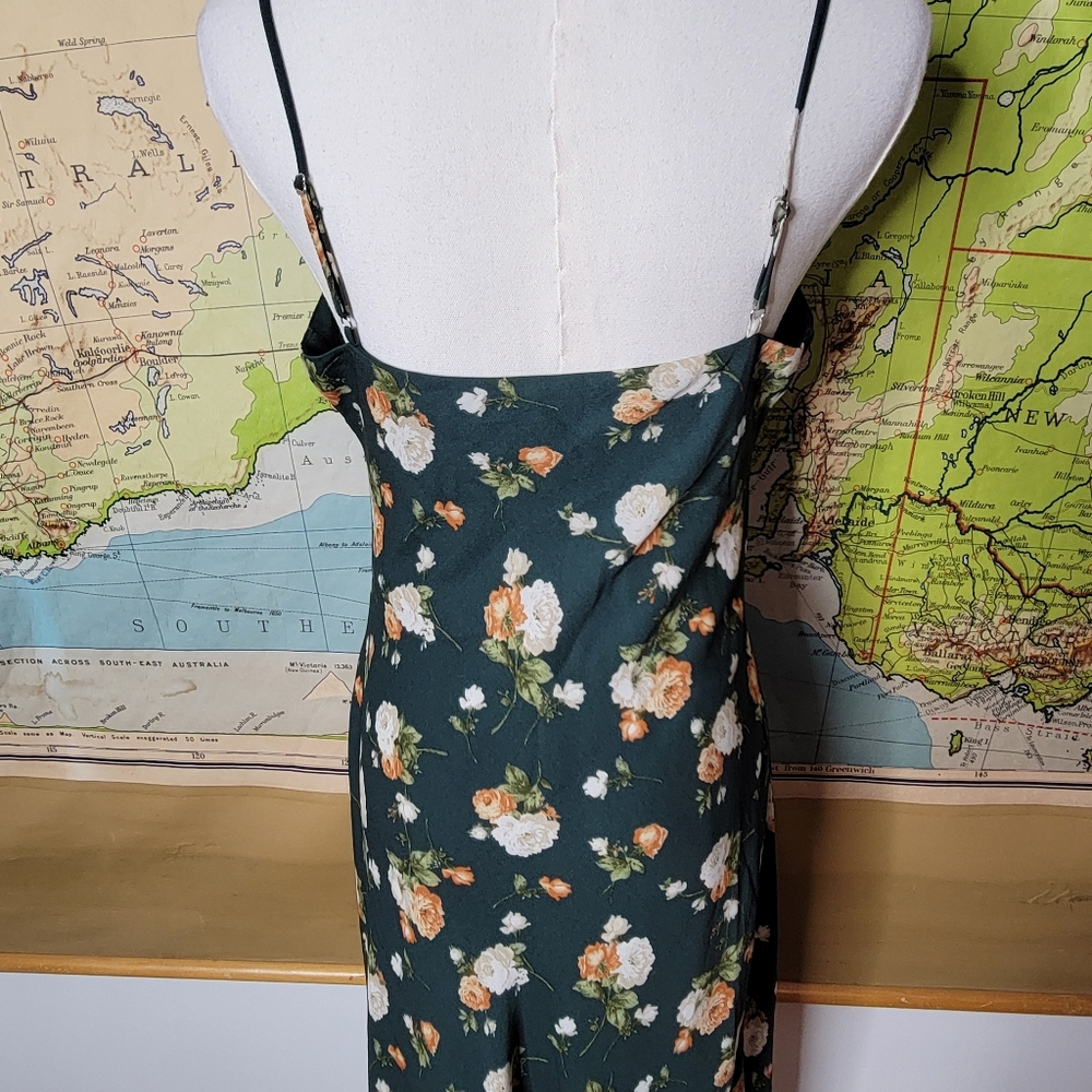 The Workshop Dark Green Floral Maxi Dress Spaghette Straps. Garden Girl Cottage - Picture 6 of 11